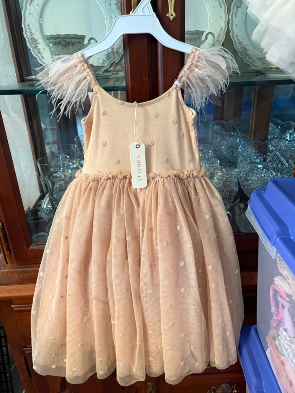 Noralee Peach Tulle Feather Strap Girls' Formal Dress